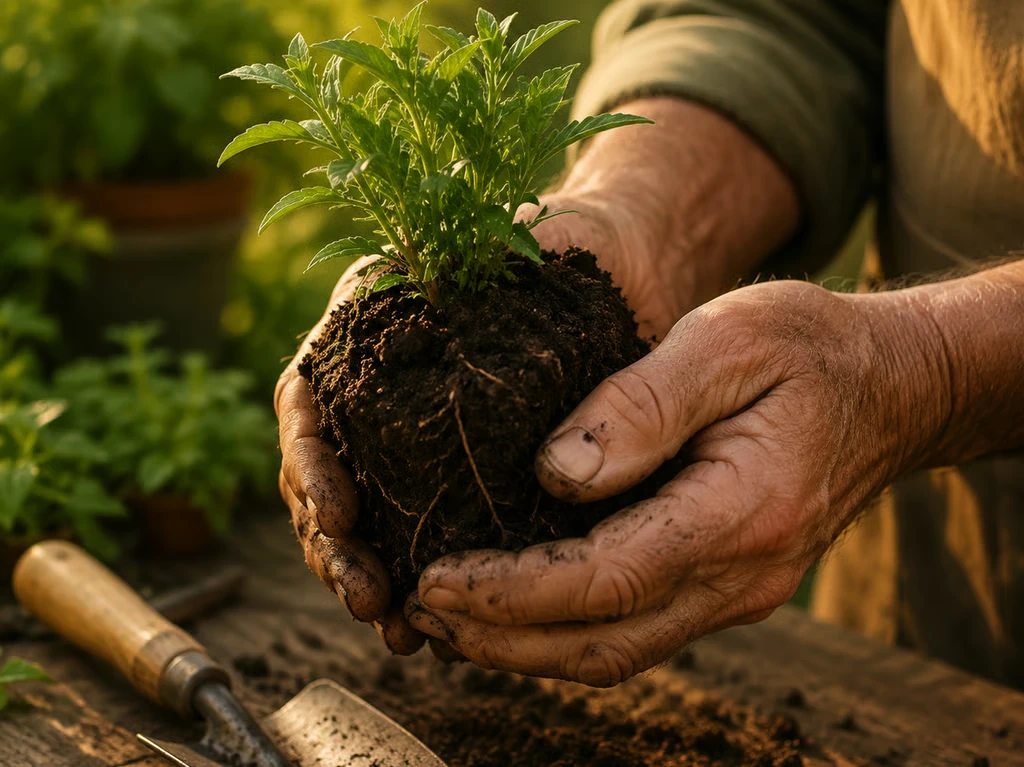Hände mit Erde und einer Pflanze als Erinnerung an Gartenarbeit