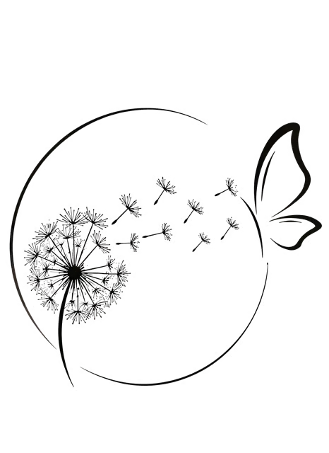Schwarz-weiße Illustration einer Pusteblume mit fliegenden Samen und Schmetterling