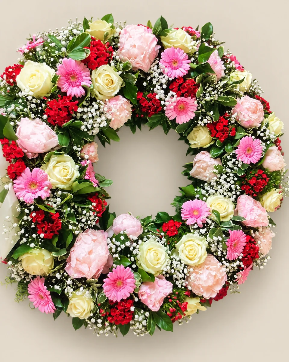 B04: Kranz in Rosa, Weiß und Rot.