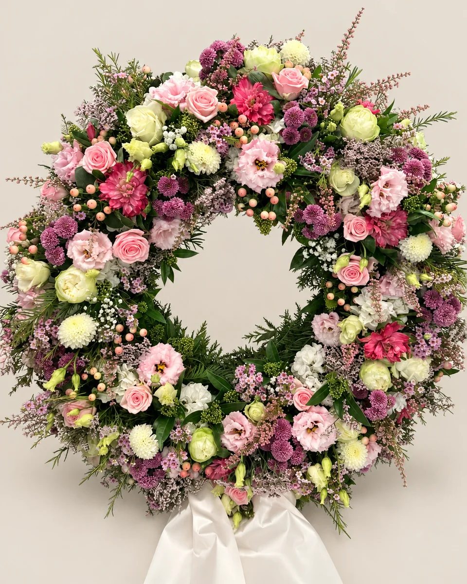B05: Kranz in Rosa, Weiß und Violett.