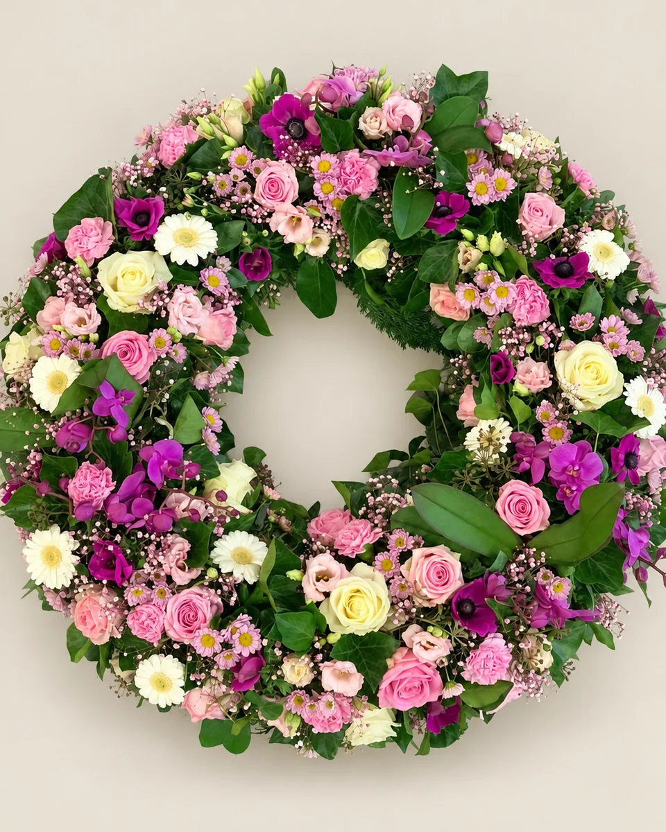 B06: Kranz in Rosa, Weiß und Lila.