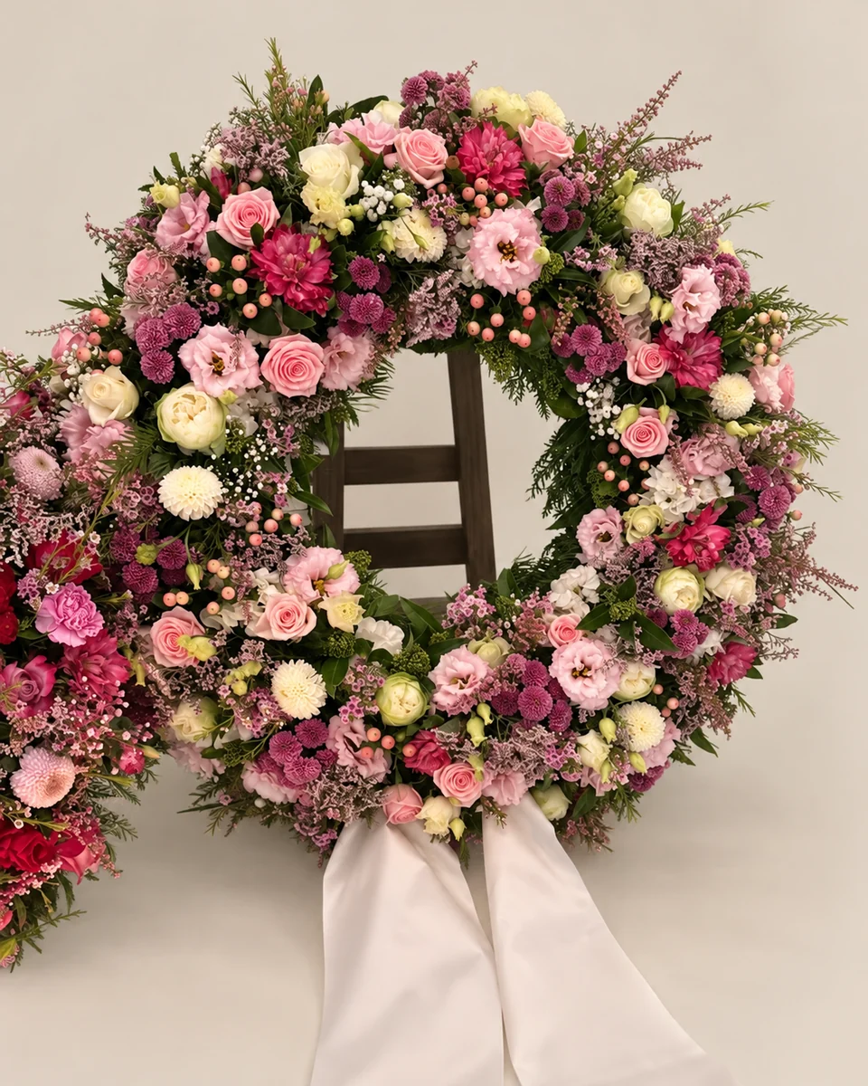 B07: Kranz in Rosa und Weiß.