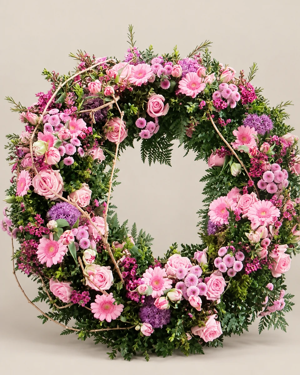 B08: Kranz in Rosa und Violett.