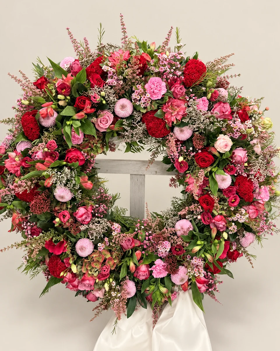 B12: Kranz in Rot und Rosa.