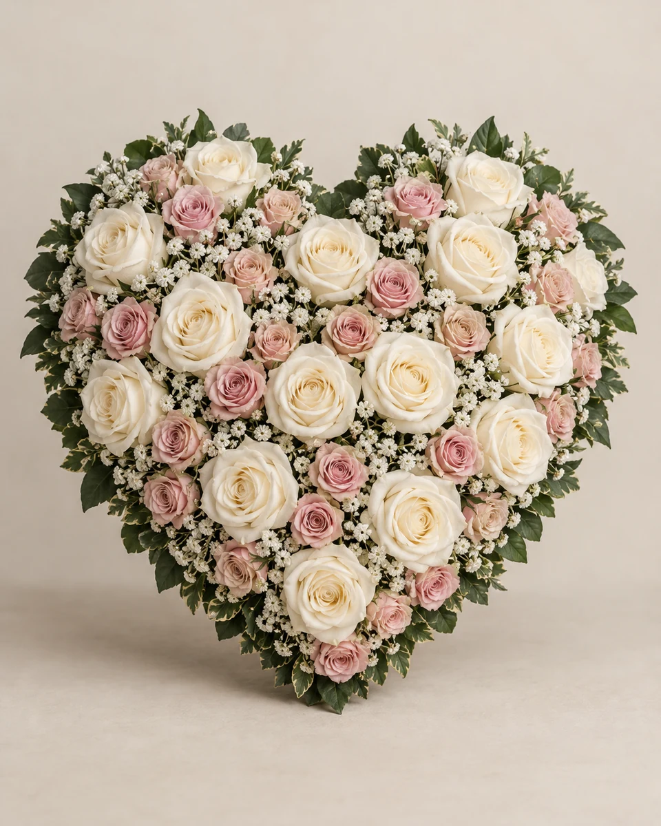 B19: Herzgesteck, Rosa und Weiß.
