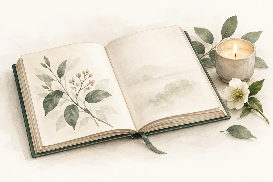 Illustration: Ein geöffnetes Erinnerungsalbum mit Blüten und einer Kerze.