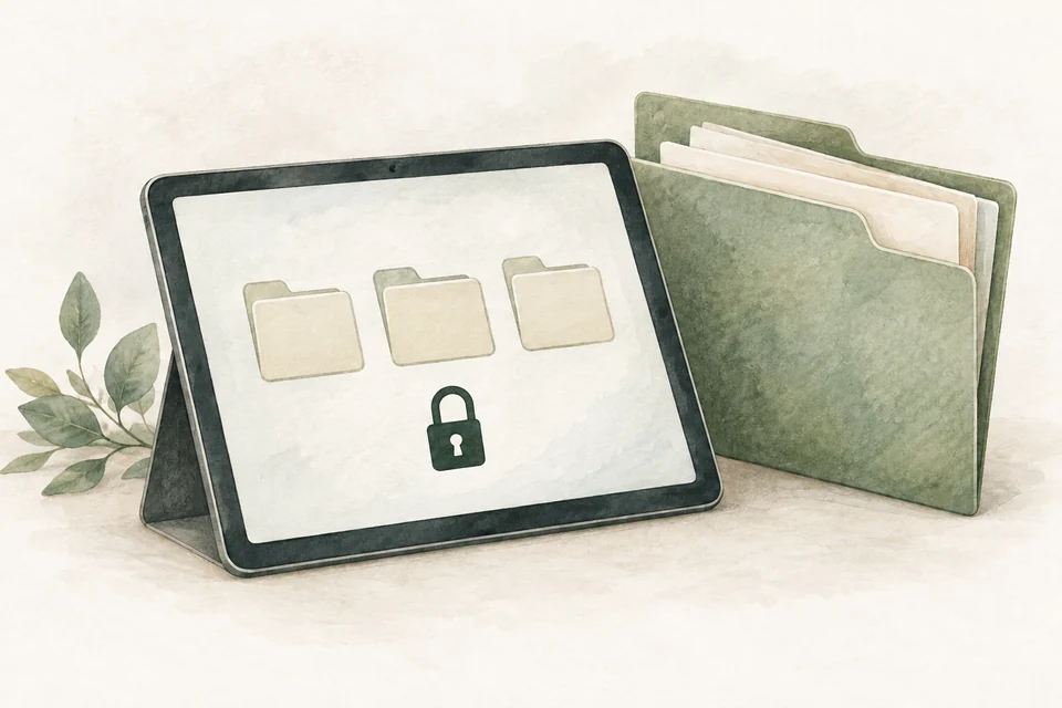 Illustration: Tablet und Unterlagenmappe; ein geschlossenes Schloss steht für persönliche Dokumente.