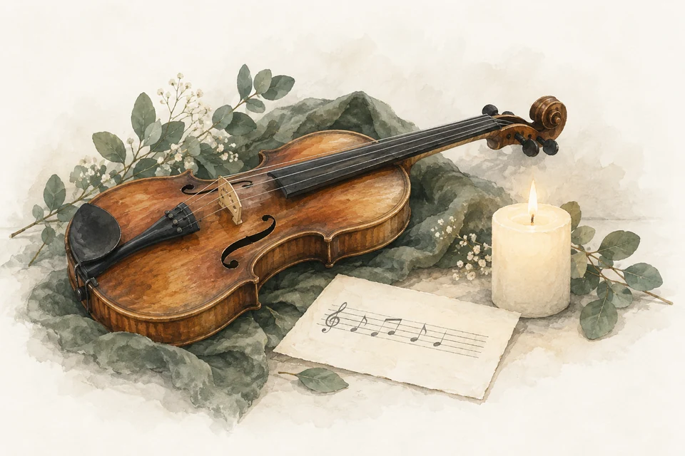 Illustration: Eine Violine, ein Notenblatt und eine Kerze.