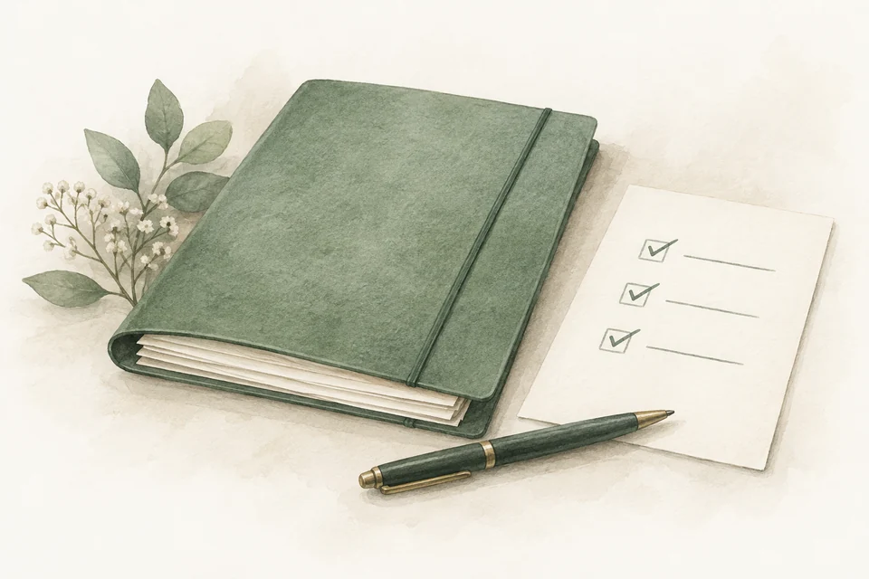 Illustration: Eine geordnete Unterlagenmappe mit Stift und einer kurzen Checkliste.
