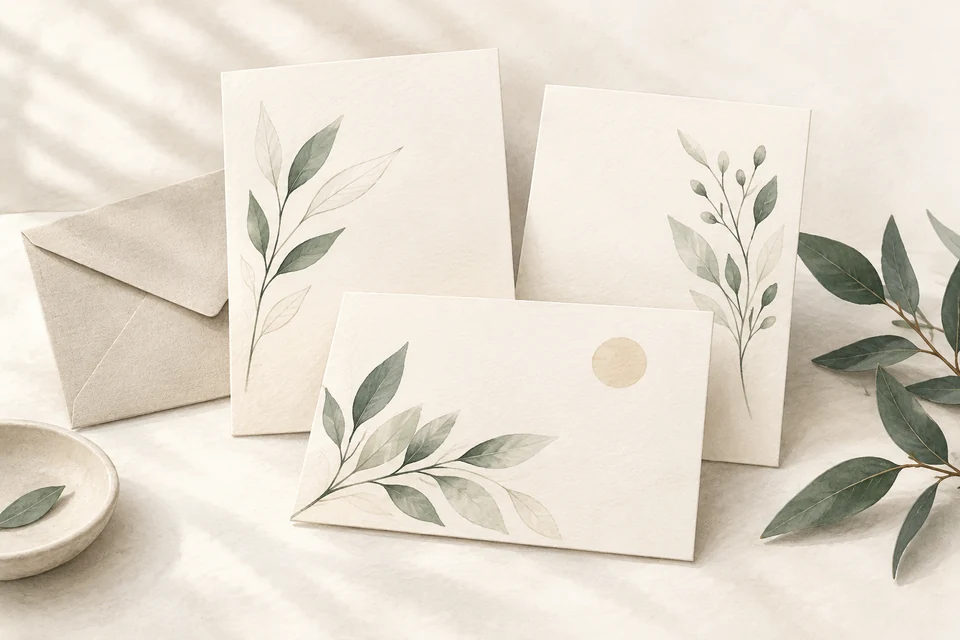 Illustration: Trauerkarten und ein Umschlag mit schlichten botanischen Motiven.